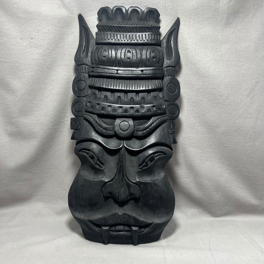 Handmade Vintage Wood Mask Black Carved Tribal Totem Wall Art Tiki Decor 22"